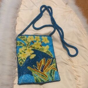 Embroidered Floral Beaded Crossbody Bag - Blue and Yellow